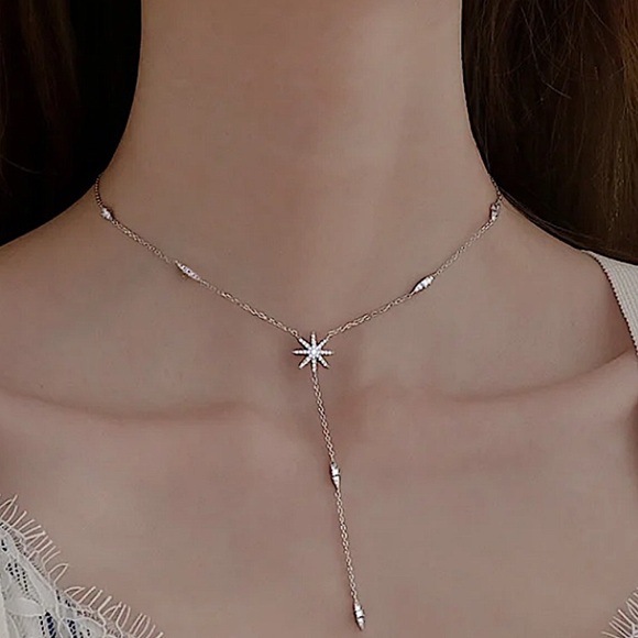 Sterling Silver Dainty Star Necklace, CZ Necklace,  North Star Crystal - Picture 3 of 11